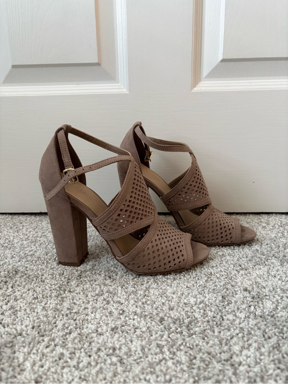 Charlotte Russe Taupe Suede Strappy Peep-Toe Block Heels
